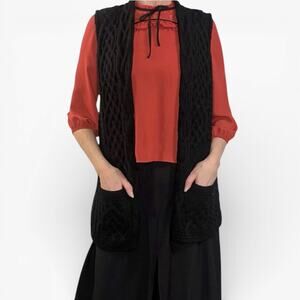 Carraig Donn Merino Wool Black Cable Knit Pocket Cardigan Vest Sweater Sz M